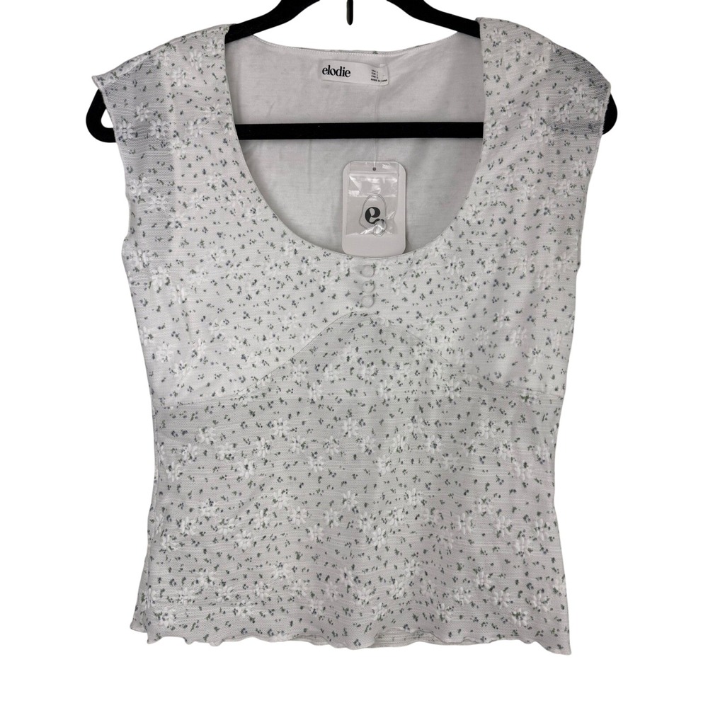 Elodie Floral Button Front‎ Top White Cap Sleeve Cottagecore New L NWT